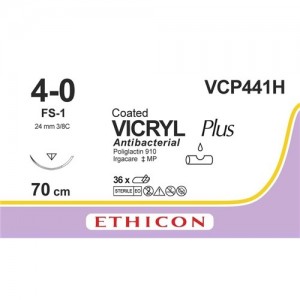 Ethicon Sutures PLUS Vicryl, Undyed, 24mm, 4/0, FS1 3/8 Circle Reverse Cutting, 36-Pack - JJVCP441H