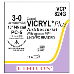 Ethicon Vicryl Plus 19mm, 3-0, PC5, 45cm Circle Conventional Cut, Undyed, 12-Pack - JJVCP824G